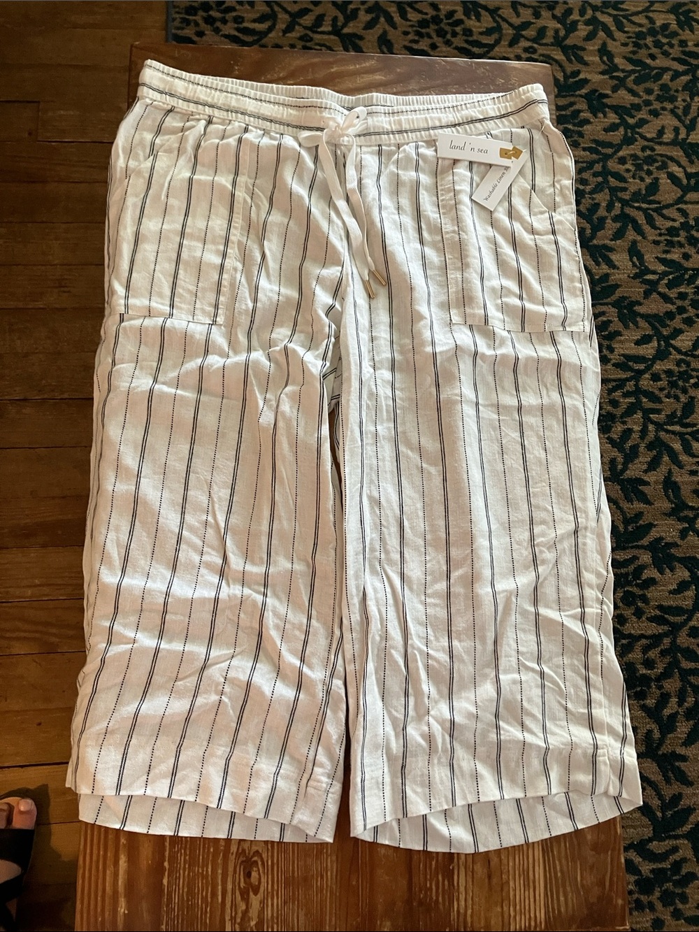 Lands' End White Pants with Navy Pinstripes and Drawstring Waist